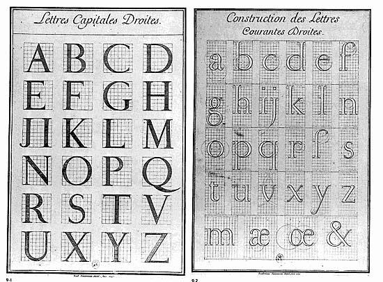 Overview of upper and lowercase letters of the Romain du Roi typeface.